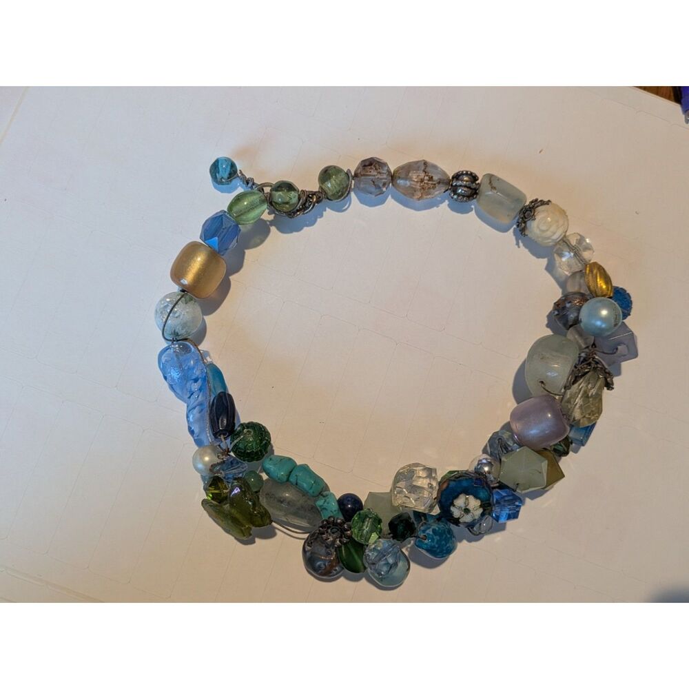 Multicolor Glass Beaded Cluster Statement Necklace Blue Green Floral Boho